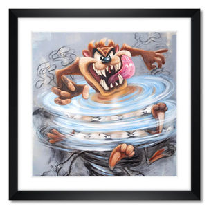Fine art print by Mr. Pinkbrush featuring Taz the Tasmanian Devil spinning wildly with swirling brushstrokes, capturing his chaotic energy and fierce expression.