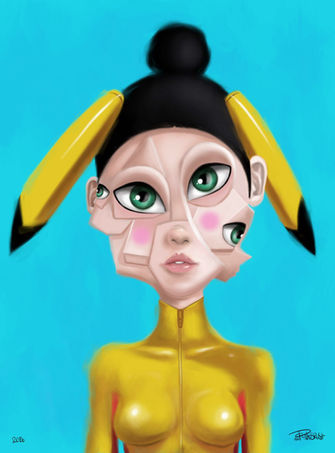 Fragmented Pikachu-inspired female portrait with multiple facial layers, green eyes, and yellow suit on a blue background. Contemporary artwork by Mr. Pinkbrush.