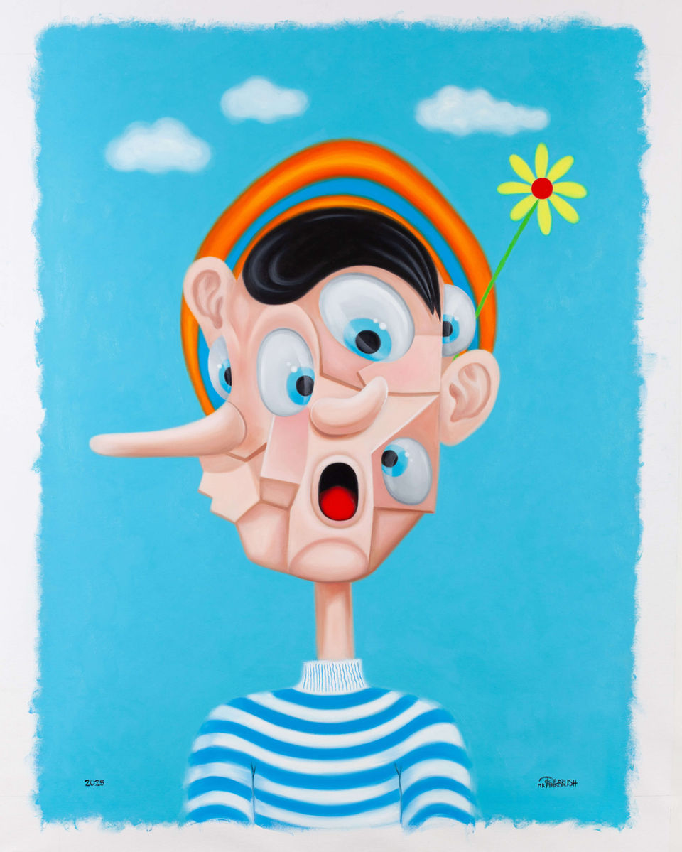 Finished Pinocchio fragmented cubism painting with cartoon iconography, oil on canvas by contemporary artist Mr. Pinkbrush