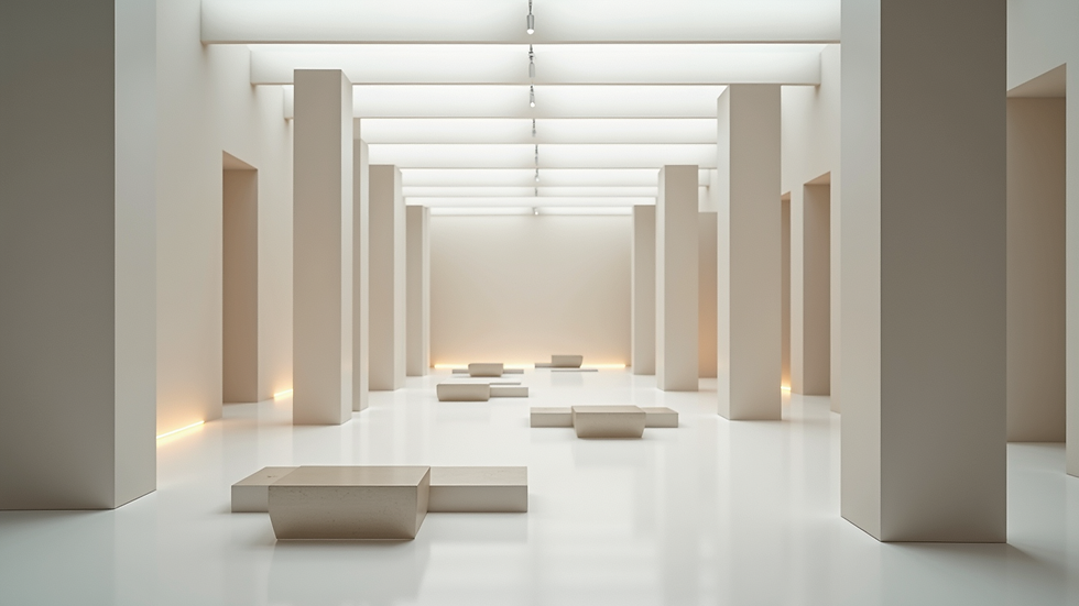 Eye-level view of a minimalist art installation featuring geometric shapes