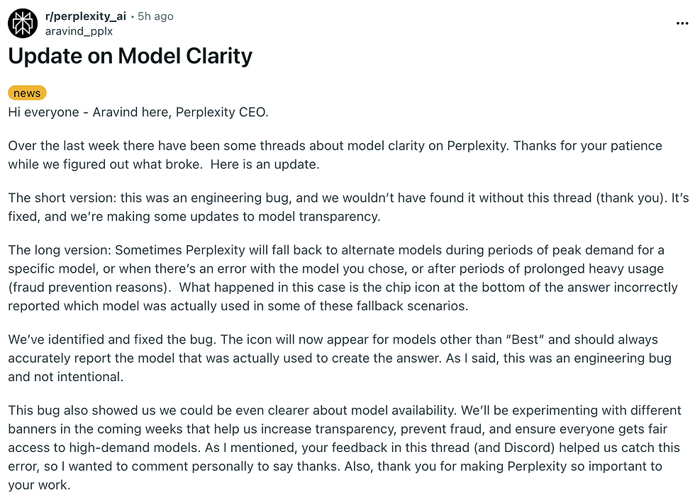 CEO Aravind Srinivas's Official Explanation of the Model Substitution Bug