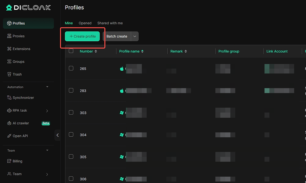 Log in to the app, then tap "Create Profile" to start setting up a new browser profile.