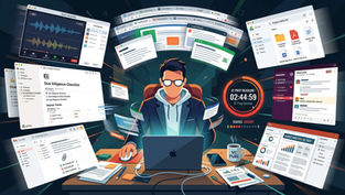 A VC associate frantically switches between Zoom, Google Drive, Notion, Slack, email, and reports under an IC prep deadline.