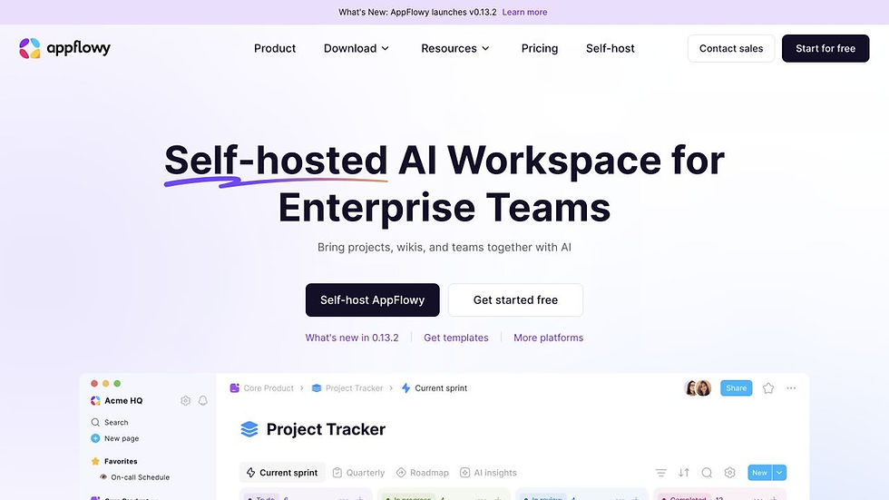 AppFlowy official homepage showing its self-hosted AI workspace and project interface