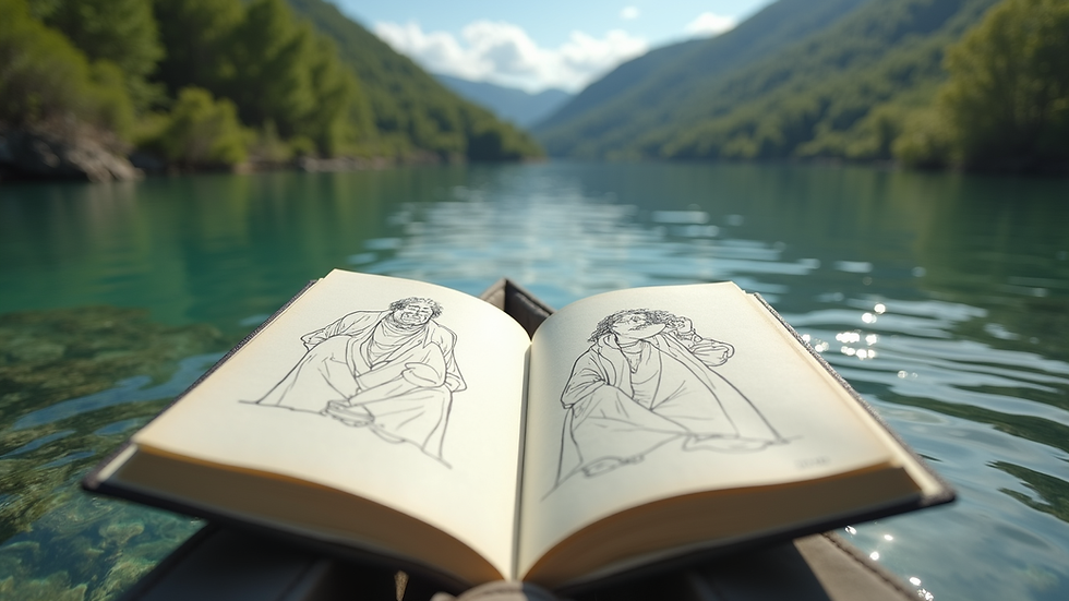 Vue en plongée d’un carnet de notes avec des croquis de personnages de contes zen