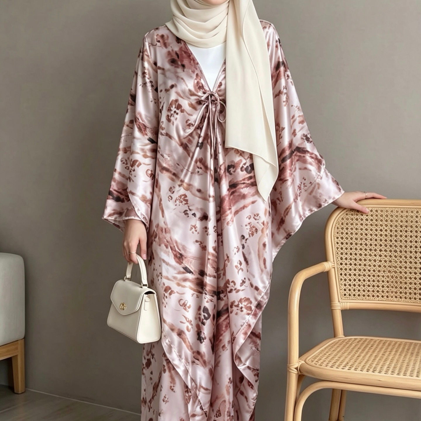 Camellia Printed Satin Silk Caftan With Adjustable Drawstring