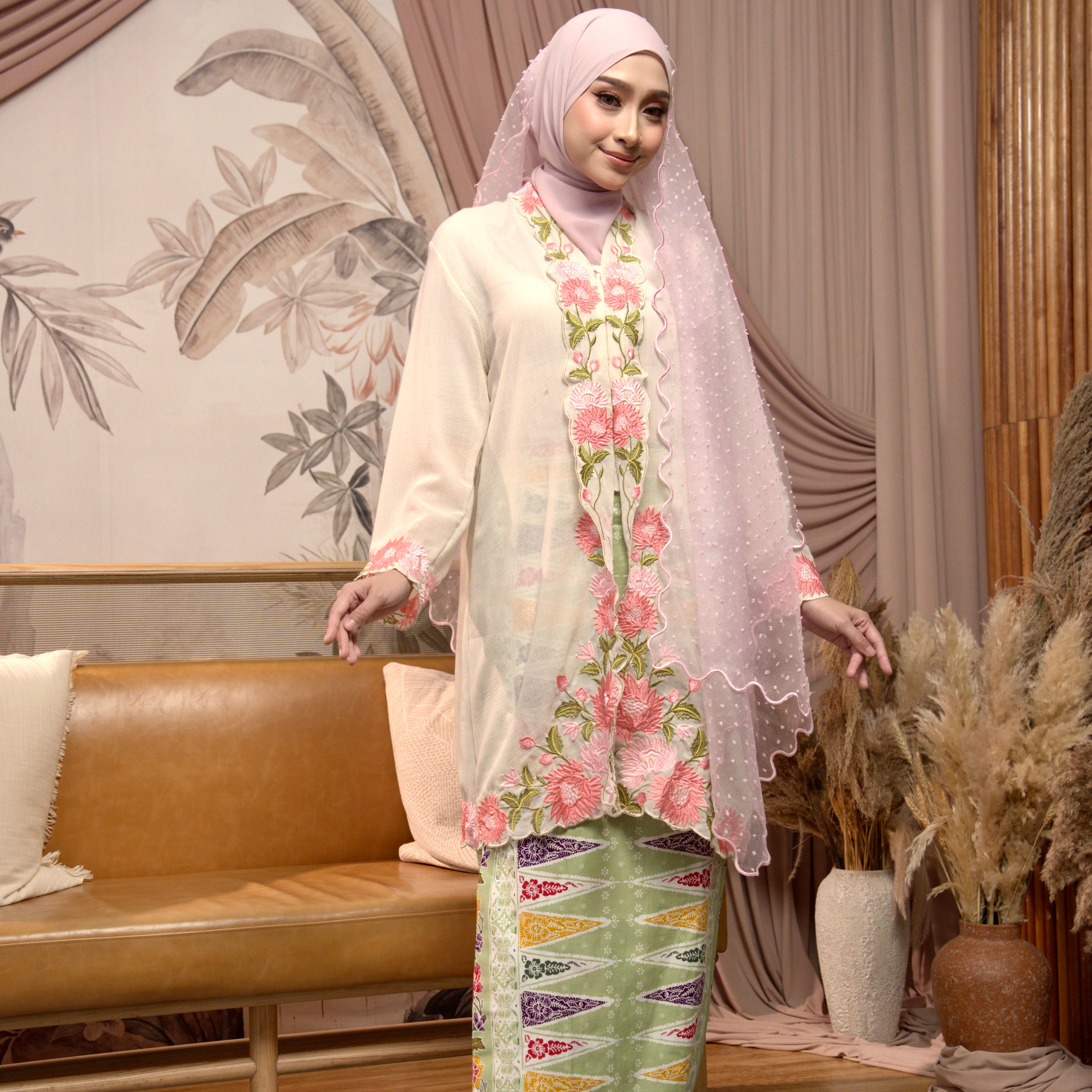 Kemboja Embroidered Cotton Voile Kebaya in Light Green