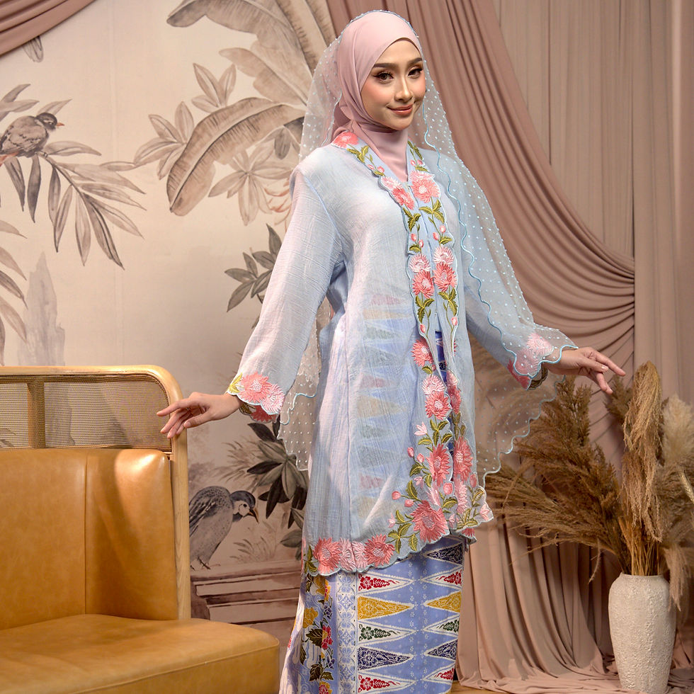 Thumbnail: Kemboja Embroidered Cotton Voile Kebaya in Pastel Blue