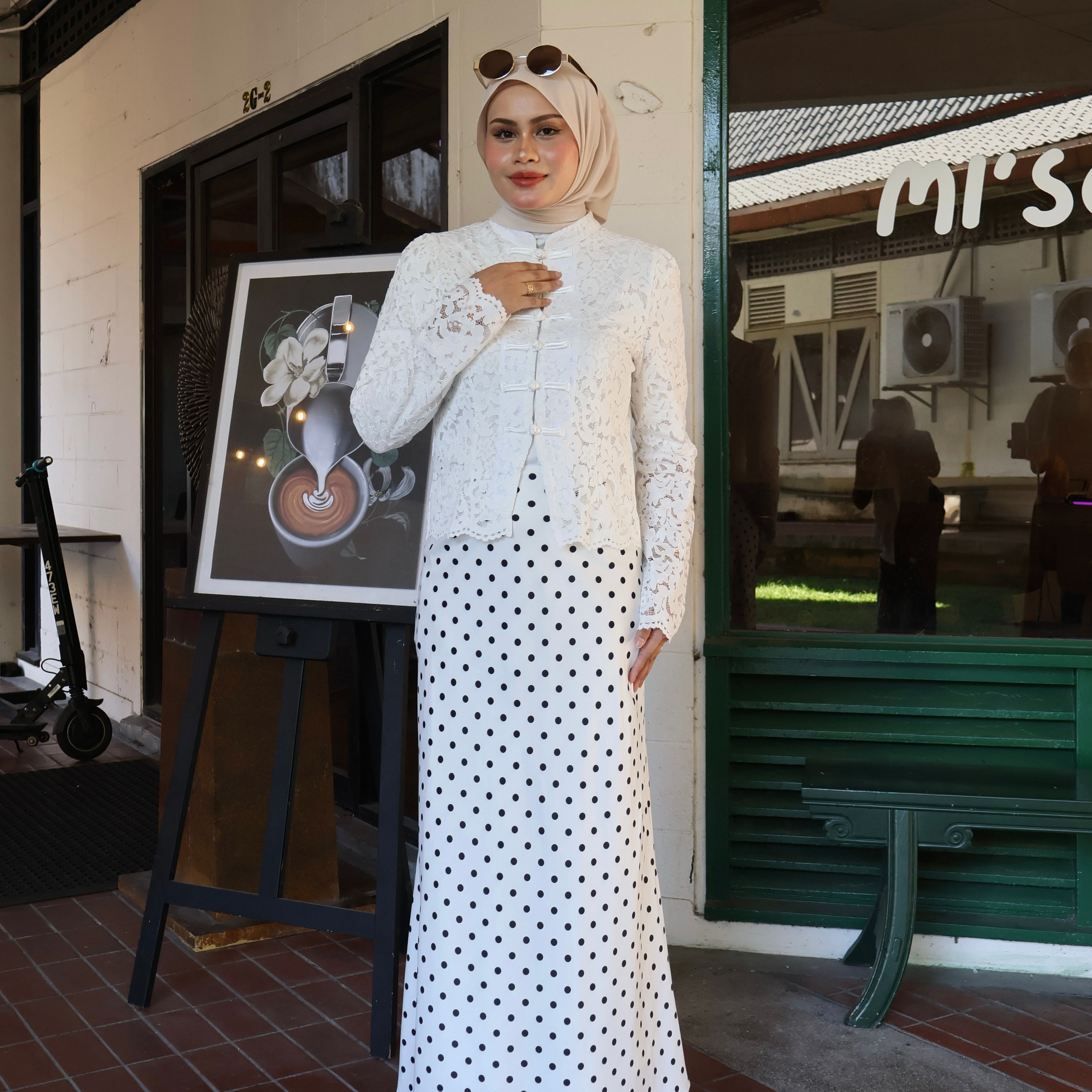 Elara Polka Satin Skirt in Off White