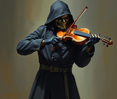 A soldier wearing a black, long coat, with a metal mask is playing a violin.jpg