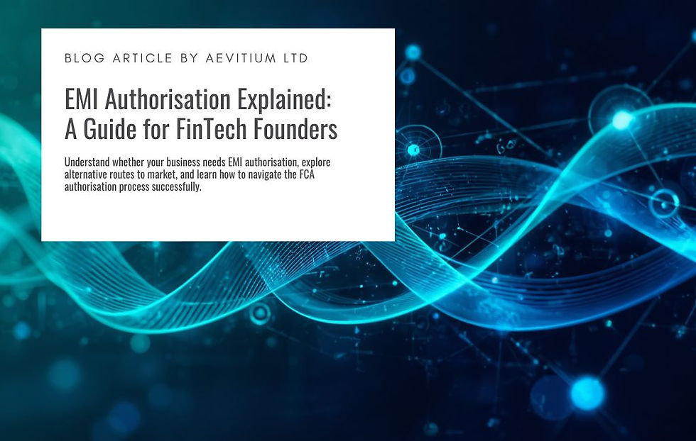 Cover image for an article on EMI authorisation showing a digital financial network with interconnected data points, payment flows, and technology infrastructure. The image accompanies the article “EMI Authorisation Explained: A Guide for FinTech Founders”, which explores Electronic Money Institution authorisation, regulatory requirements, alternative routes to market, and the FCA authorisation process in the UK.