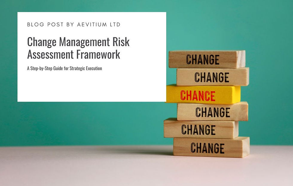Stack of wooden blocks labeled "CHANGE," with one yellow block labeled "CHANCE" in the middle, symbolizing opportunity and risk in change management. Text overlay reads "Change Management Risk Assessment Framework – A Step-by-Step Guide for Strategic Execution – Blog Post by Aevitium LTD."