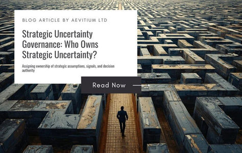 Strategic uncertainty governance concept image showing a person walking through a large maze, representing organisational leaders navigating complex strategic assumptions, decisions, and uncertainty in governance.