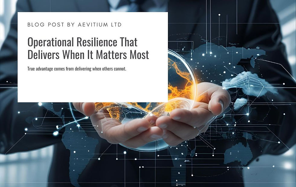 Business professional holding a glowing digital sphere with global connections, symbolizing operational resilience, technology, and worldwide service continuity. Text overlay reads: “Operational Resilience That Delivers When It Matters Most — True advantage comes from delivering when others cannot.