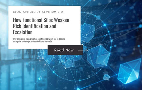 Hero image for an Aevitium article on how functional silos weaken risk identification and escalation, featuring interconnected digital network graphics representing governance, enterprise risk management and information flow across an organisation.