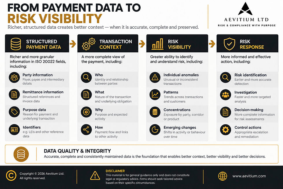 Infographic showing how structured ISO 20022 payment data, including party information, remittance information, purpose data and identifiers, creates better transaction context, improves risk visibility and supports risk identification, investigation and decision-making, with data quality and integrity underpinning the process.