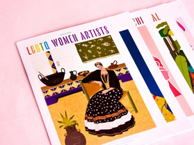 Photo of 5 zine covers. The first one has a colorful illustration of artist Frida Kahlo, made by me