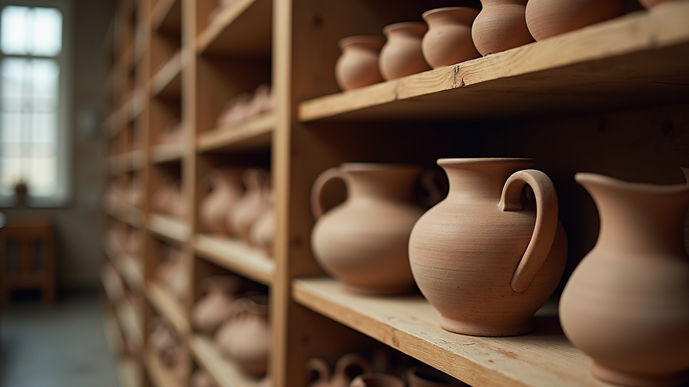 High-angle view of finished pottery pieces on a display shelf