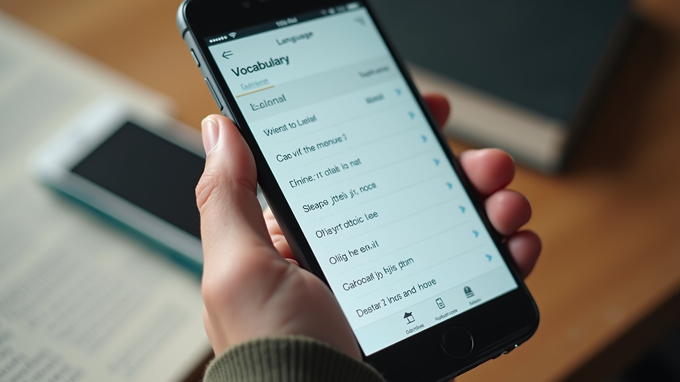 Close-up view of a smartphone showing a language learning app with vocabulary exercises