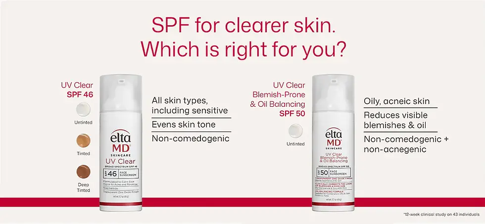 Close-up view of Elta MD UV Clear and UV Daily sunscreen bottles on a light background