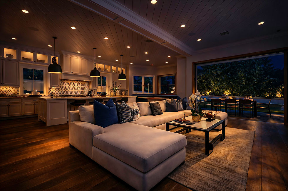 Living room enhanced nighttime with warm ambient lighting and cinematic atmosphere