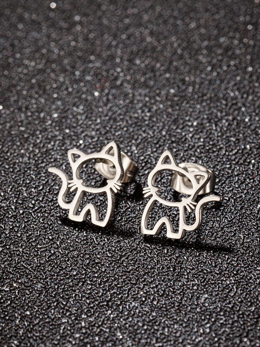 Thumbnail: 1 Pair Cute Cat Stainless Steel Stud Earrings for Mens Womens Punk Students Gift