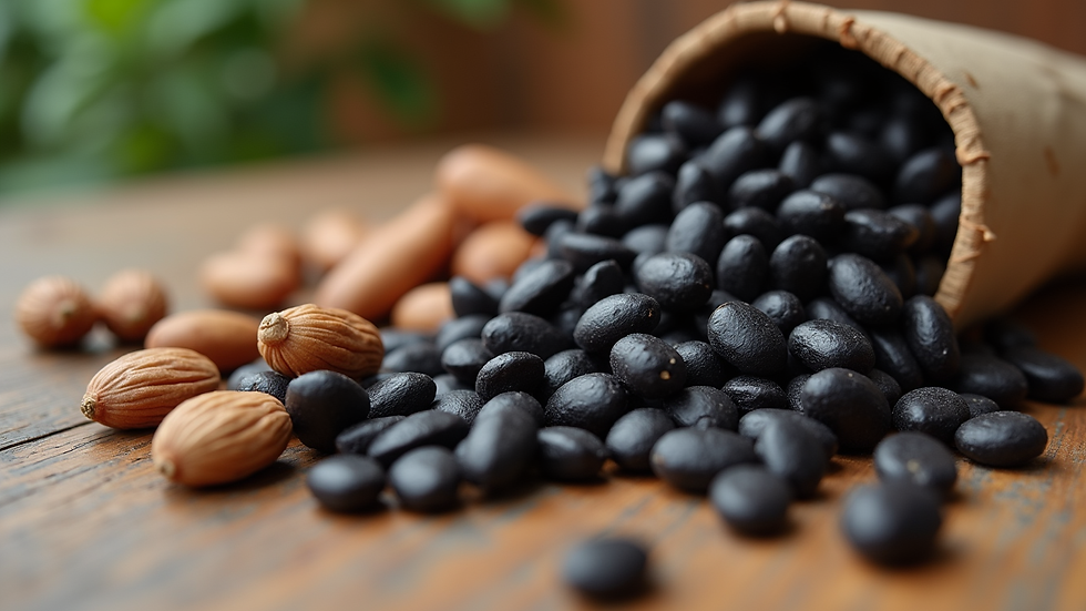 eye-level view of black beans and nuts on a wooden table