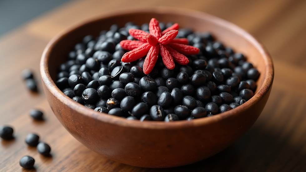 close-up view of a wooden bowl filled with black beans and dried goji berries
