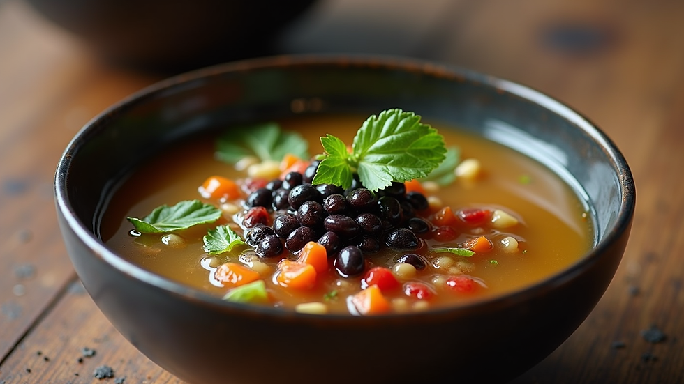 close-up view of a bowl of herbal soup with black beans and goji berries