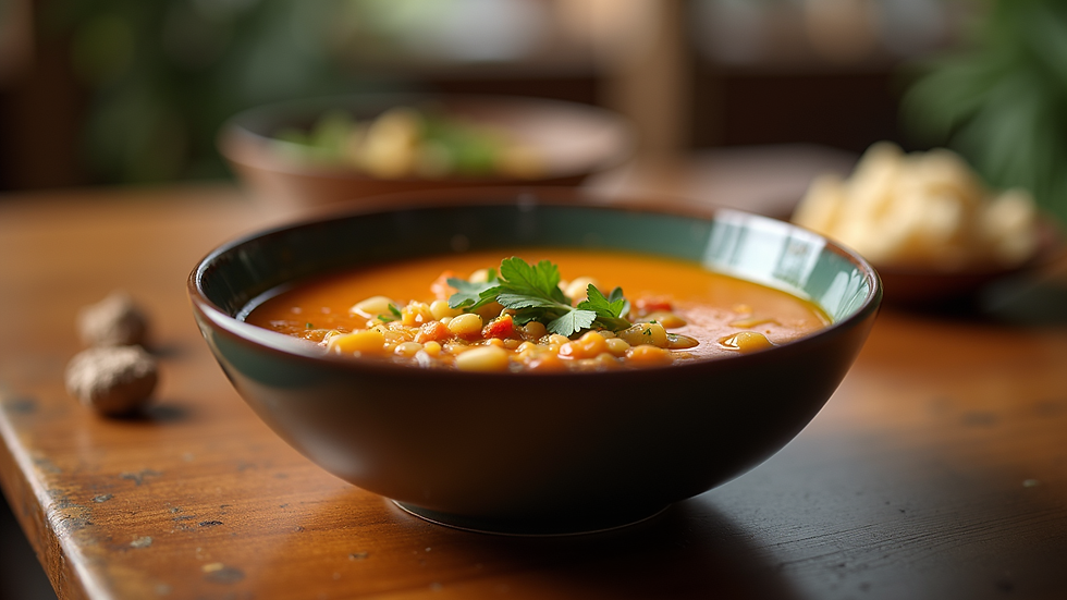 eye-level view of a warm bowl of vegetable soup on a wooden table