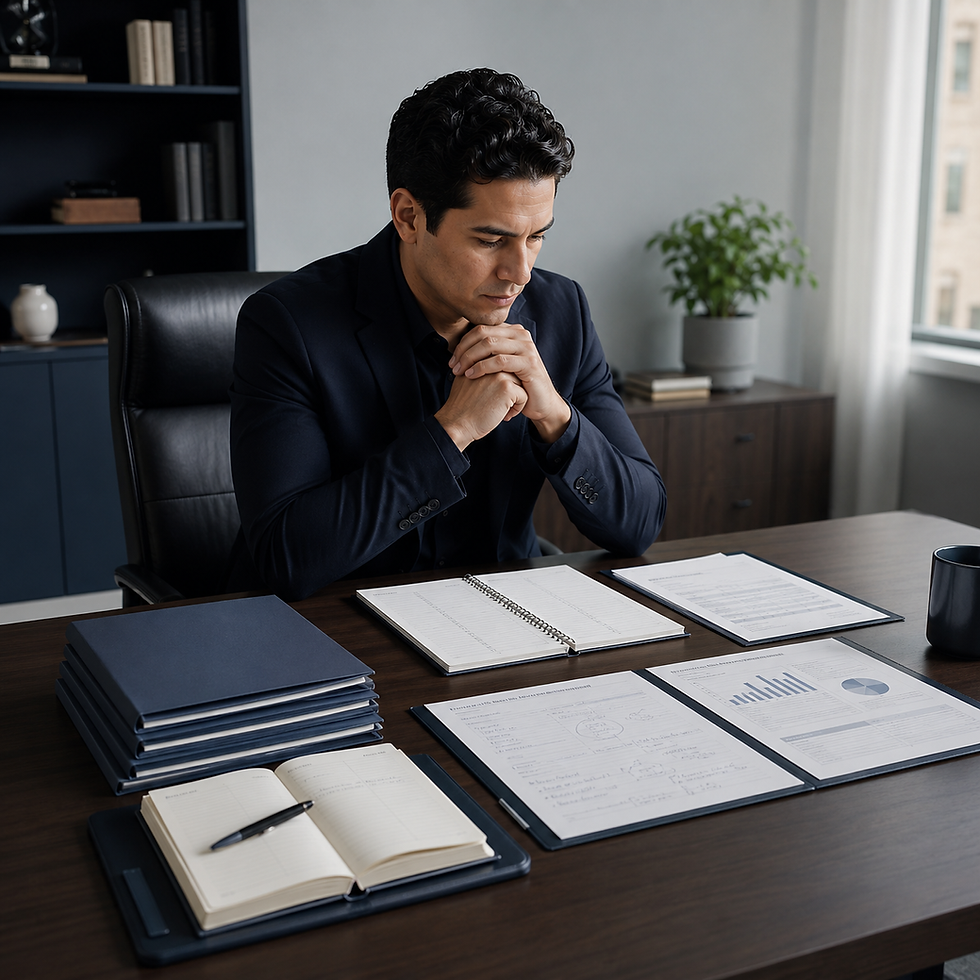 Editorial photo of a founder reviewing an organized weekly operating system at an executive desk with priority folders, a decision log, ownership worksheet, planner, and financial summary arranged neatly.