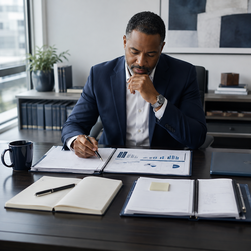 Founder reviewing a concise executive dashboard during a calm weekly operating review, with a planner, decision log, evidence notes, and a simple performance summary arranged neatly on a desk in a navy, gray, and white office.