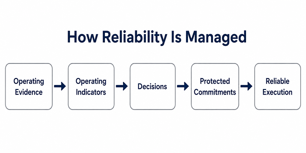 Flow diagram showing operating evidence leading to indicators, then decisions, protected commitments, and reliable execution.