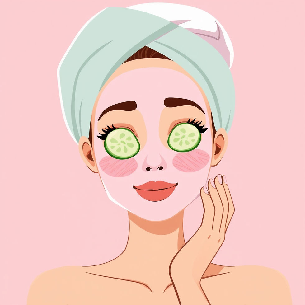 cartoon of woman with a face mask on and cucumber on eyes and towel in hair. only shades o