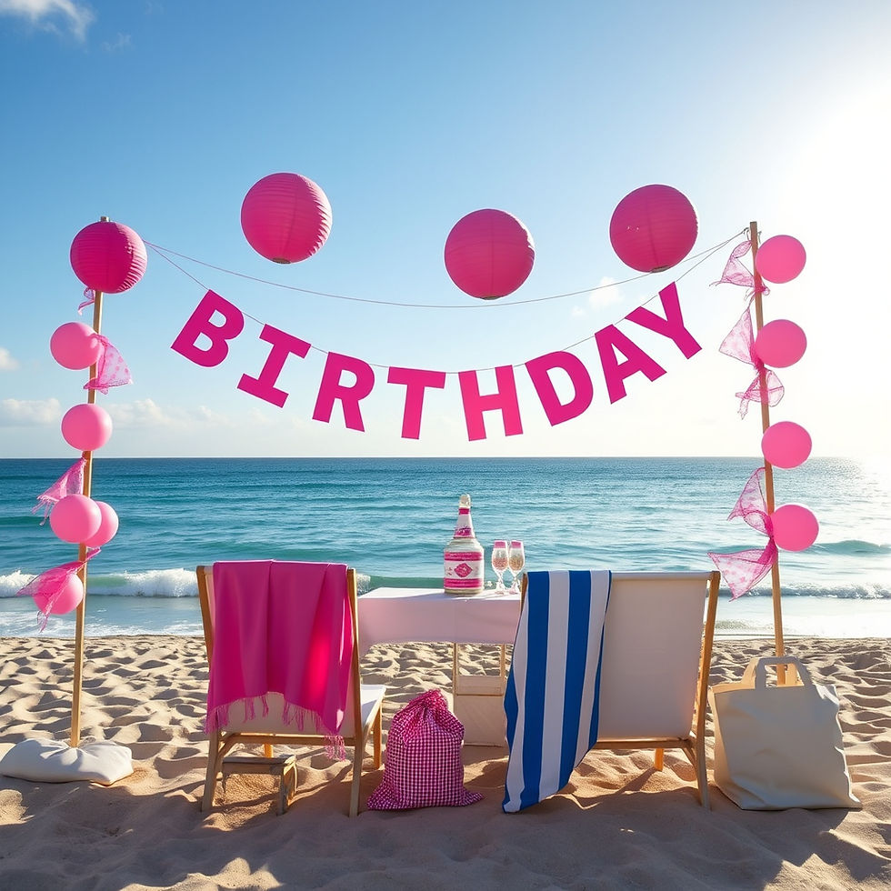 birthday decorations on a beach. decorations are pink.jpg