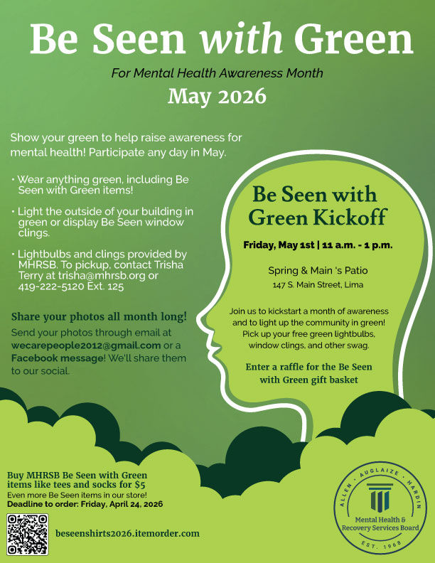 Green flyer for Mental Health Awareness May 2026. Details event on May 1st, 11 a.m.–1 p.m., Spring & Main's Patio, Lima. Encourages wearing green.