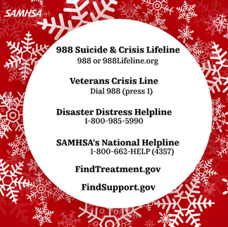 "988 Suicide & Crisis Lifeline - 988 or 988Lifeline.org, Veterans Crisis Line - Dial 988 (press 1), Disaster Distress Helpline - 1-800-985-5990, SAMHSA's National Helpline - 1-800-662-HELP (4357), FindTreatment.gov, and FindSupport.gov")