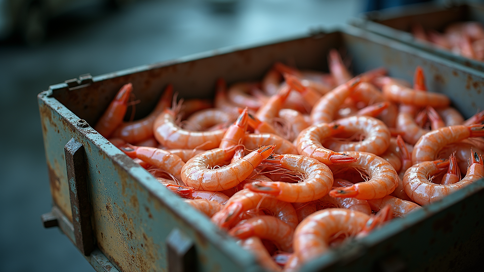 High angle view of the transportation process with packed shrimp