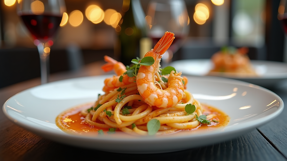 Eye-level view of a beautifully plated shrimp dish
