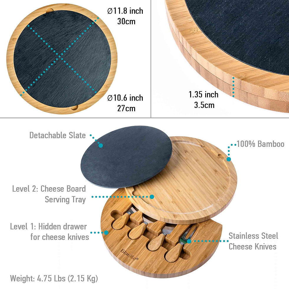 Miniatura: Round Bamboo Cheese Board With Knife Set and Removable Slate - 12 Inch Swiveling