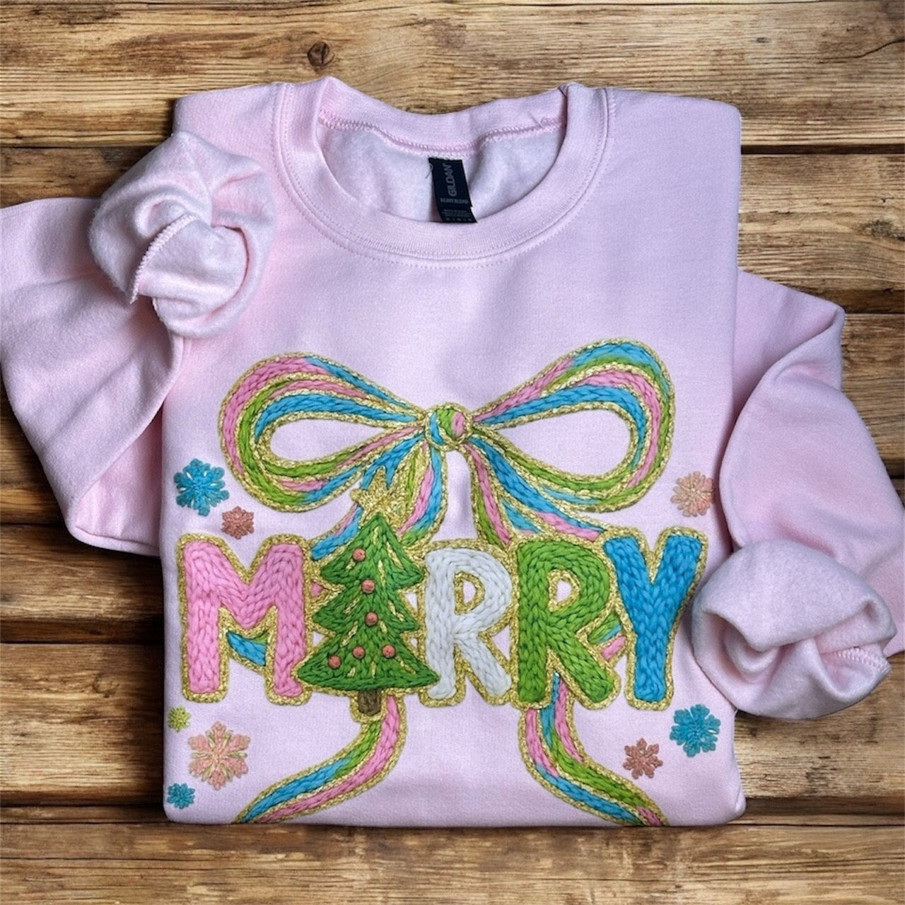 Pink Merry Crewneck - Faux yarn Merry bow