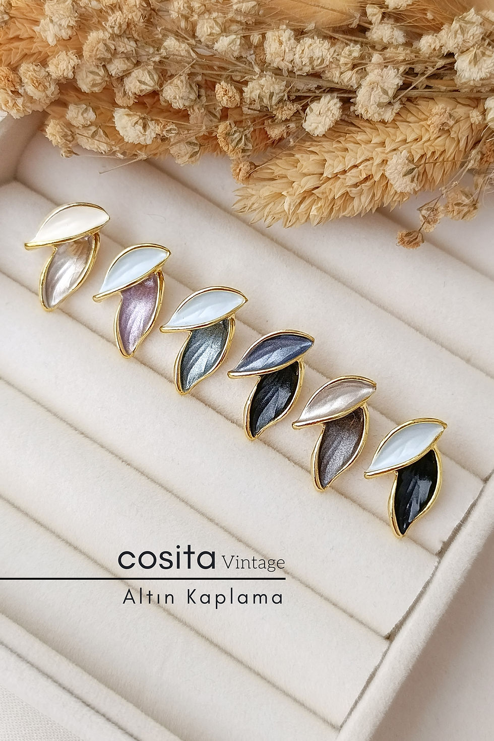 Küçük resim: Vintage Gri Antrasit Altın Kaplama Yaprak Küpe