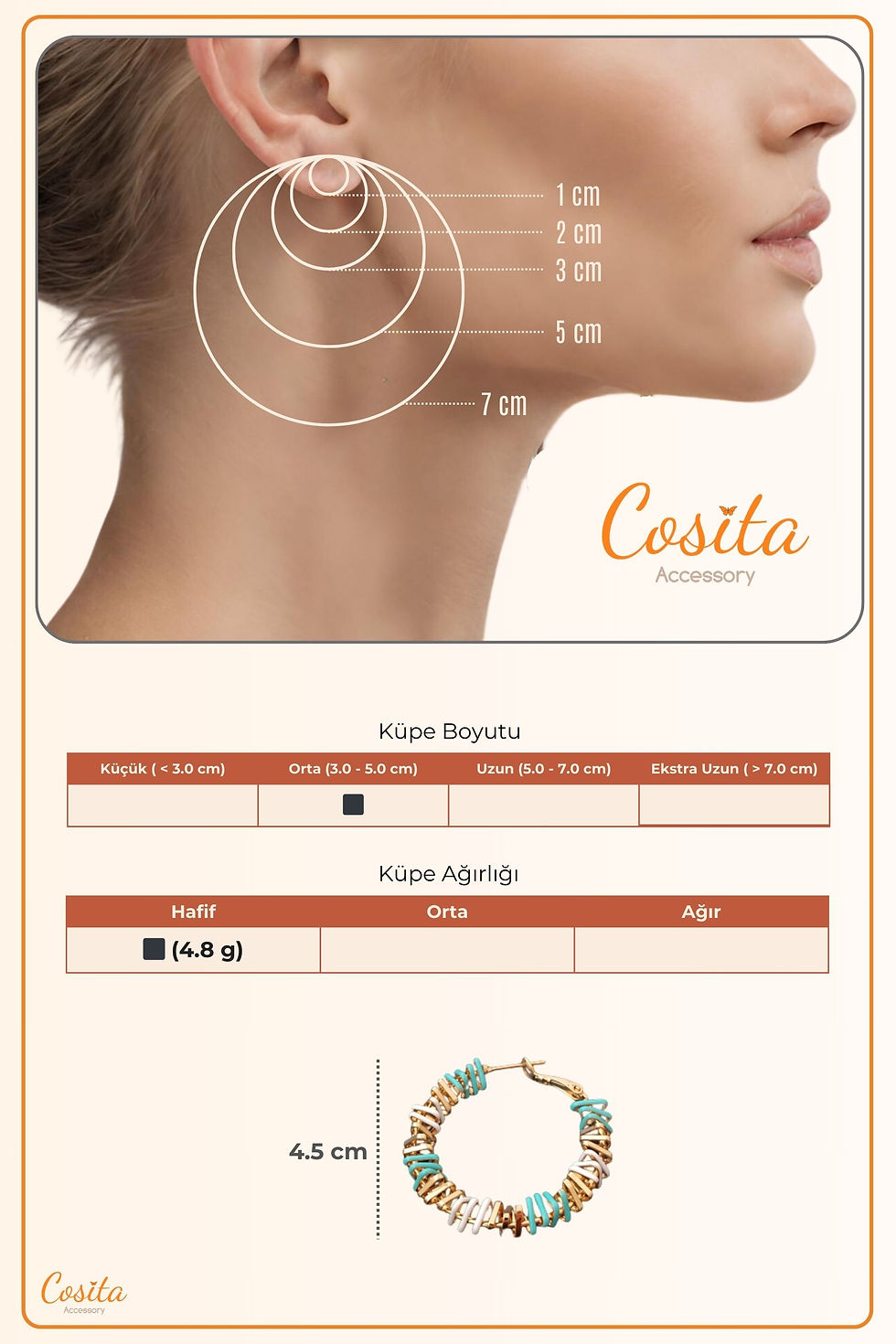 Küçük resim: Turuncu Beyaz Gold Üçgen Geçmeler Renkli Halka Küpe