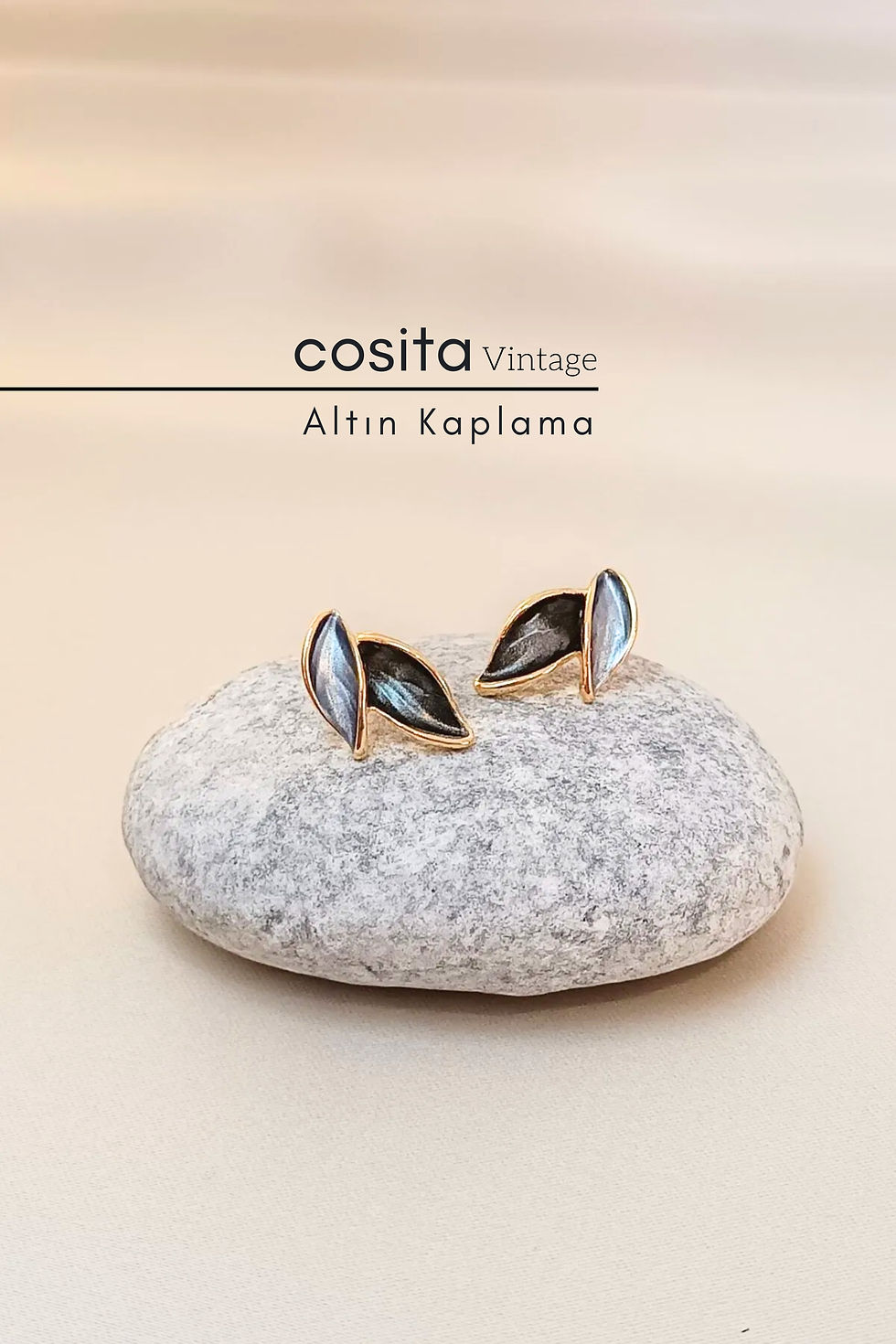 Küçük resim: Vintage Gri Antrasit Altın Kaplama Yaprak Küpe