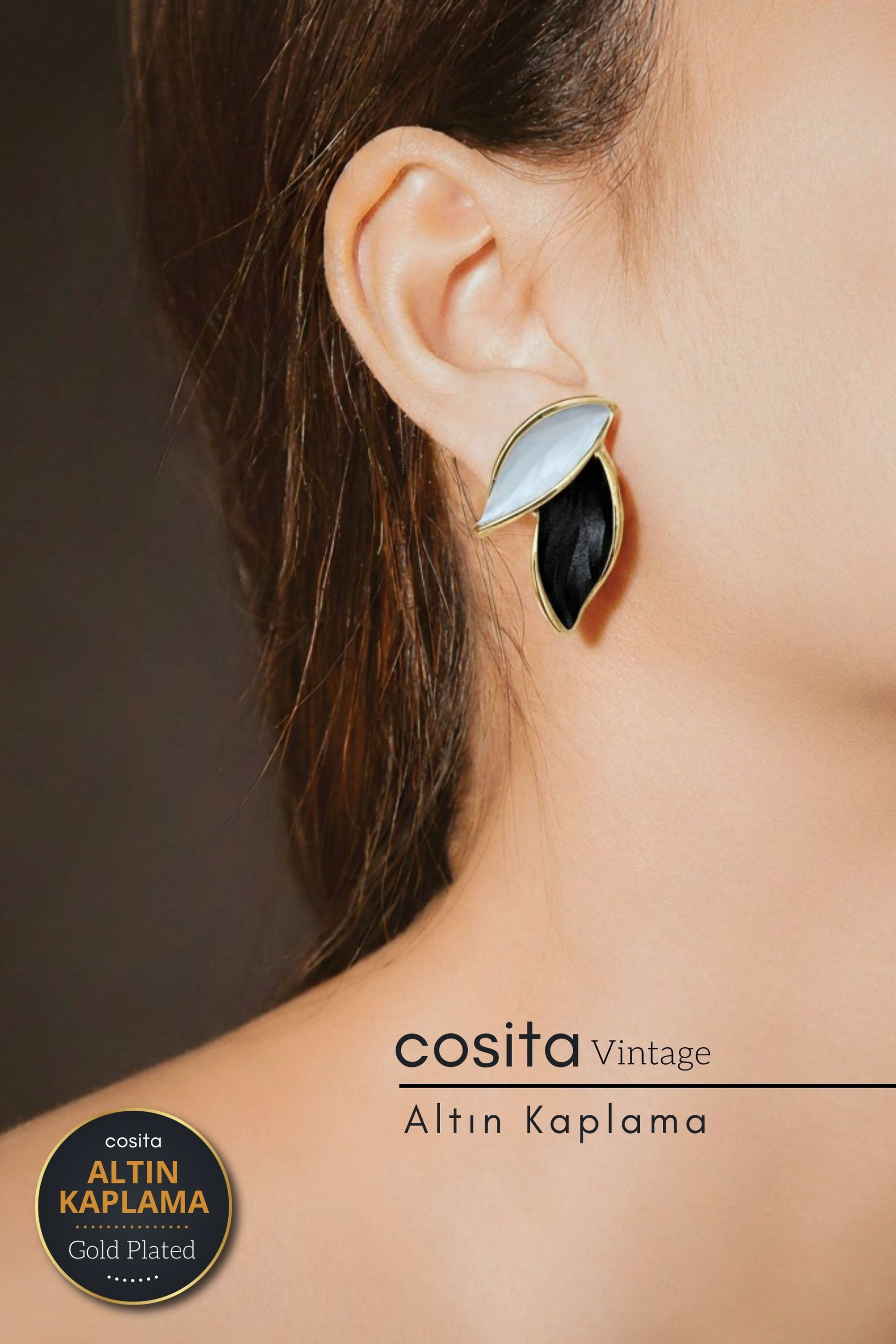 Vintage Siyah Altın Kaplama Yaprak Küpe