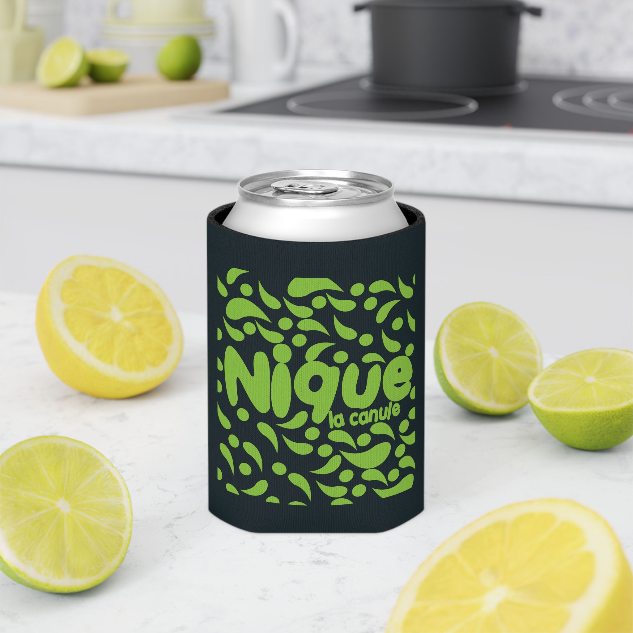 Can Cooler - 'Nique la Canule' Green Leaf Pattern Slim Koozie