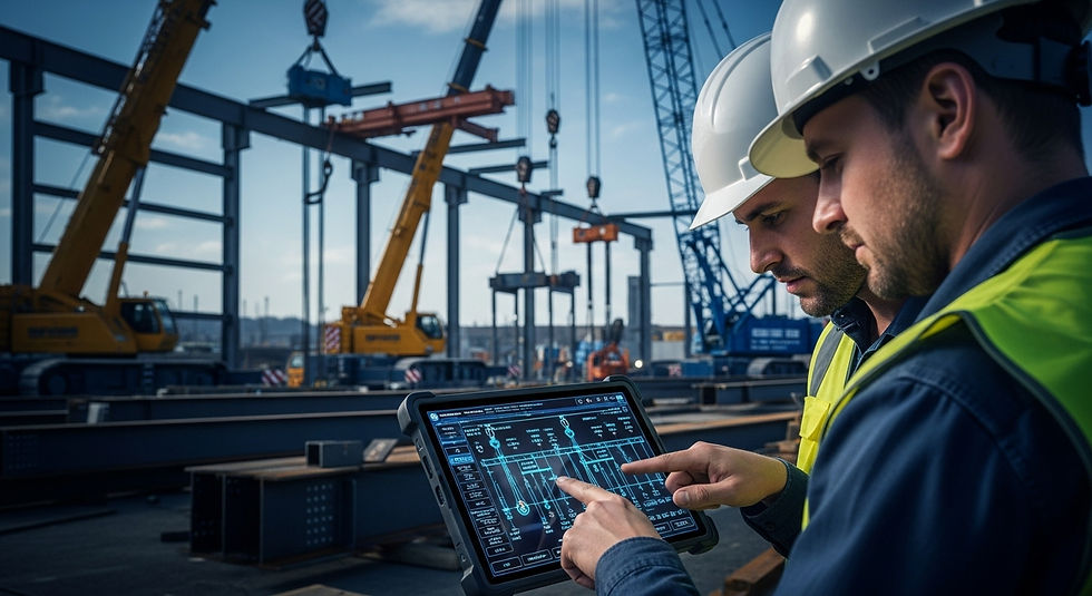 Engenheiros revisando plano de rigging digital em tablet no canteiro de obras, com guindastes e equipamentos de rigging em operação ao fundo.