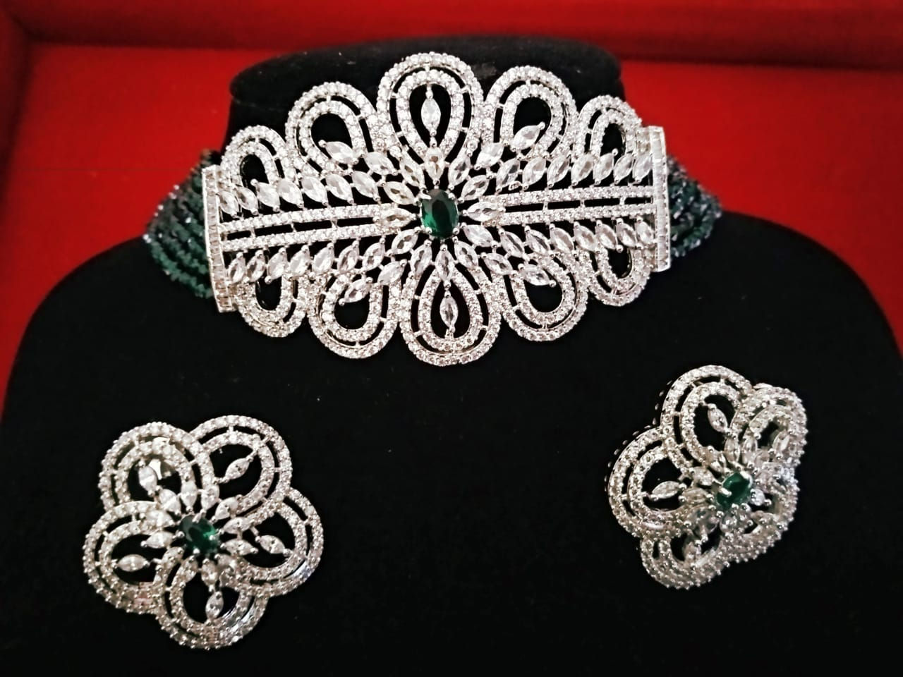 Green Coloured Cubic Zirconia Choker Necklace set with warranty