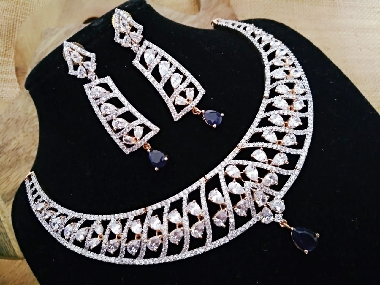 Cubic Zirconia Necklace set ,studded with beautiful navy blue Cubic Zirconia