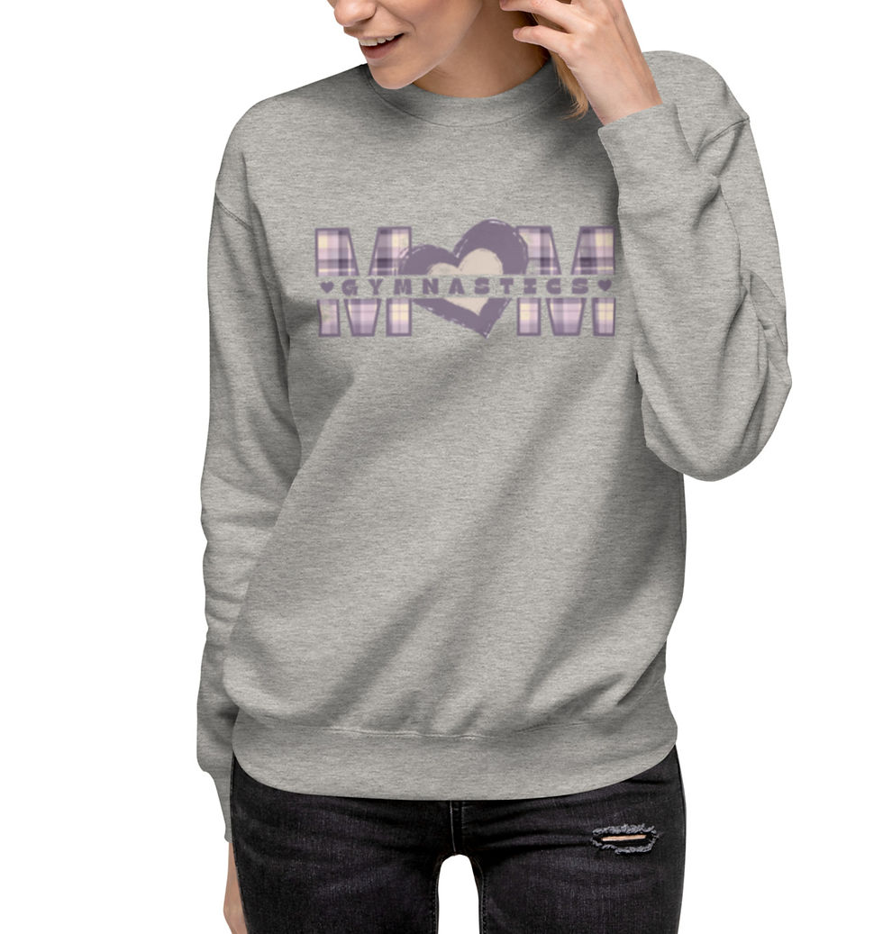 Thumbnail: Women's Gymnastics Mom sweatshirt in purple and creme with plaid letters.